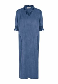 Džínové šaty v tmavě modré barvě, do délky ke kolenům, s výstřihem ve tvaru V, volánkovým límcem, krátkými nabíranými rukávy a dvěma bočními kapsami. Hladká textura.