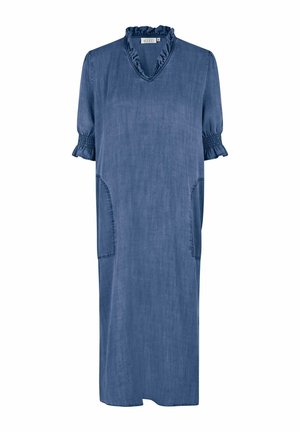Jeansklänning i mörkblått, knälång med V-ringning, rynkad krage, korta puffärmar och två sidofickor. Slät textur.