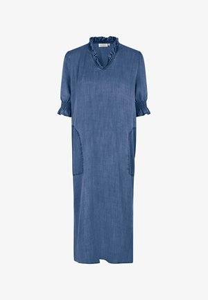 Džínové šaty v tmavě modré barvě, do délky ke kolenům, s výstřihem ve tvaru V, volánkovým límcem, krátkými nabíranými rukávy a dvěma bočními kapsami. Hladká textura.