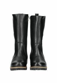 Black leather knee-high boots with a smooth finish, side zippers, and textured rubber soles for traction.