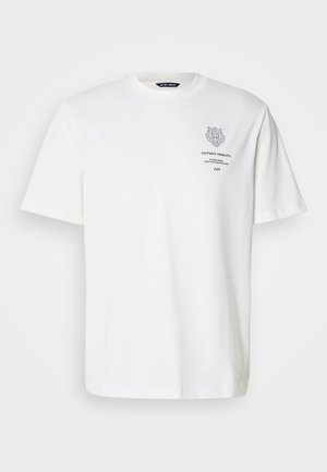 White cotton t-shirt with a round neckline, short sleeves, and a printed logo and text design on the front in gray.