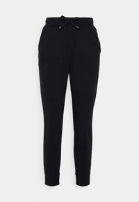 Svarta sweatpants gjorda av mjukt tyg, med en dragsko i midjan, avslutade anklar och sidfickor för funktionalitet.