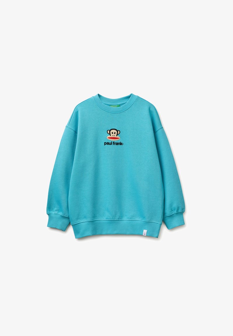 Türkisfarbiges Langarm-Sweatshirt mit Rundhalsausschnitt, gerippten Bündchen und Saum, mit kleinem Paul Frank Affenlogo und Markennamen auf der Brust.