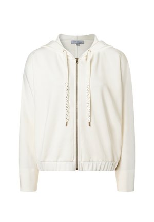 Cremefarbener Hoodie aus weichem Stoff, mit Reißverschluss auf der Vorderseite, gerippten Bündchen, verstellbaren Kordeln mit metallischen Spitzen und einer lässigen Passform.