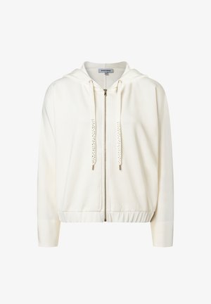 Cremefarbener Hoodie aus weichem Stoff, mit Reißverschluss auf der Vorderseite, gerippten Bündchen, verstellbaren Kordeln mit metallischen Spitzen und einer lässigen Passform.