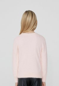 Helles rosa, flauschiges Sweatshirt mit rundem Halsausschnitt und langen Ärmeln, mit gerippten Bündchen und Saum. Der Rücken ist einfach und hat kein Muster.