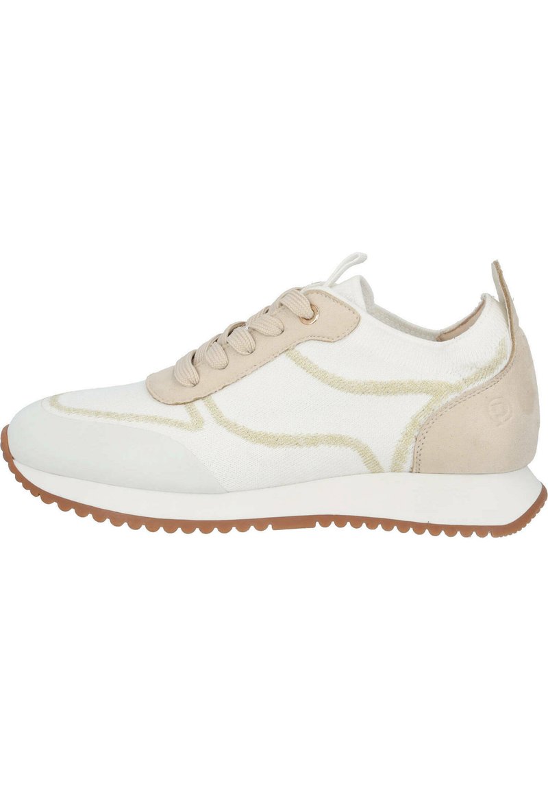 Sneaker mit einem weißen Textil-Obermaterial, beigen Akzenten und weißen Schnürsenkeln. Verfügt über hellgoldene Nähte und eine Gummisohle mit strukturiertem Grip.