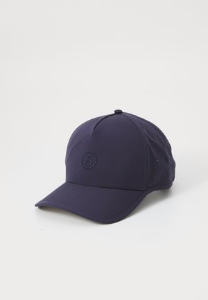 Navy cap made of soft fabric with a rounded crown, a curved brim, and embroidered logo on the front. Features ventilation eyelets on sides.