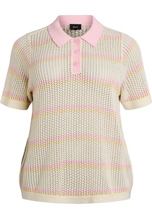 Kortärmelig crèmekleurige gebreide polo met roze en gele horizontale strepen en een roze kraag, voorzien van drie knopen aan de voorkant en een ademende open structuur.