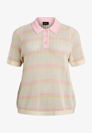Kortærmet cremefarvet strikket polo med lyserøde og gule vandrette striber og lyserød krave, med tre knapper foran og åndbar åben strik.
