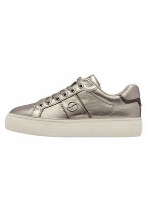 Metallic silver sneaker with a smooth leather finish, round toe, lace-up design, and white platform sole featuring a textured pattern.