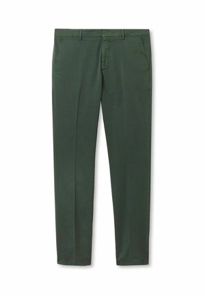 Mörkgröna byxor i slätt tyg, med slim fit, platt front och sidofickor, samt raka ben.