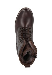 Stivale in pelle marrone con punta arrotondata, design con lacci, fodera in pelliccia e bordo cucito. Include una linguetta sul tallone per indossarlo facilmente.