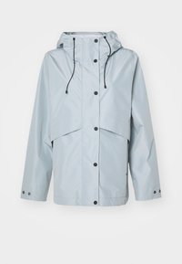 Light blue waterproof jacket with a hood, snap buttons, adjustable drawstring, and a relaxed fit. Features side pockets and cuff snaps.