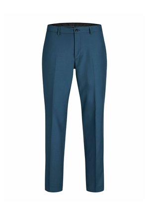 Pantalon formel bleu pour homme, confectionné sur mesure, avec passants de ceinture et fermeture devant par bouton et zip, présenté sur fond blanc.
