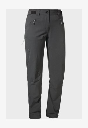 Graue Wanderhosen aus strapazierfähigem, leichtem Material. Zu den Merkmalen gehören Reißverschlusstaschen und ein verstellbarer Bund, die Flexibilität und Komfort bieten.