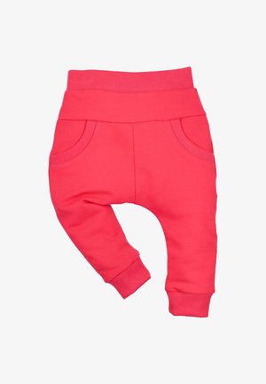 Helle rosa Jogginghosen mit geripptem Bund, zwei Seitentaschen und schmal zulaufenden Knöchelbündchen, aus weichem, dehnbarem Stoff gefertigt.