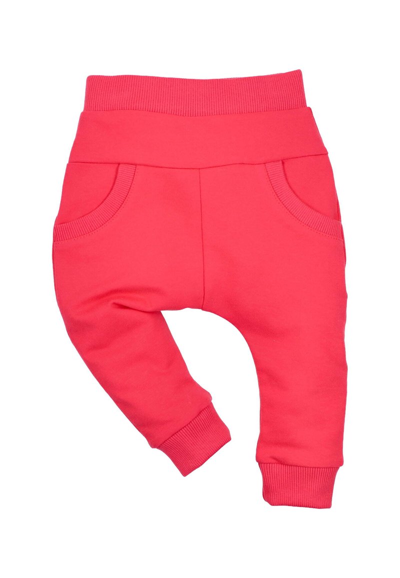 Helle rosa Jogginghosen mit geripptem Bund, zwei Seitentaschen und schmal zulaufenden Knöchelbündchen, aus weichem, dehnbarem Stoff gefertigt.