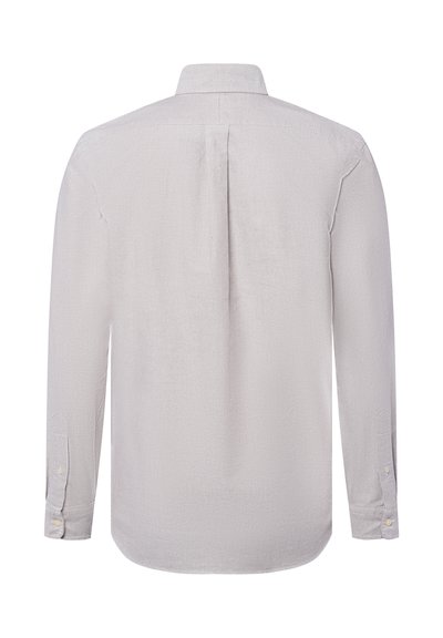 Chemise gris clair à manches longues vue de dos, avec un pli central, des poignets boutonnés et un col classique.