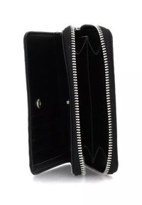 Zwarte leren portemonnee met een ritssluiting, voorzien van meerdere kaartsleuven en twee ruime compartimenten, met een gladde textuur en zilveren hardware.