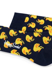 Marine sokker med gule andemønstre, lavet af bomuldsblanding med en glat tekstur. "Happy Socks" logoet er broderet i hvid.