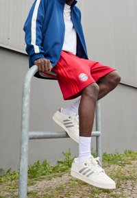 Chaqueta deportiva azul con rayas blancas, pantalones cortos rojos con logo y zapatillas blancas con detalles grises. Sentado en una barandilla de metal al aire libre.