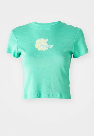 T-shirt corto in tessuto teal chiaro con design floreale e logo "ROXY" in bianco e giallo al centro davanti. Maniche corte.