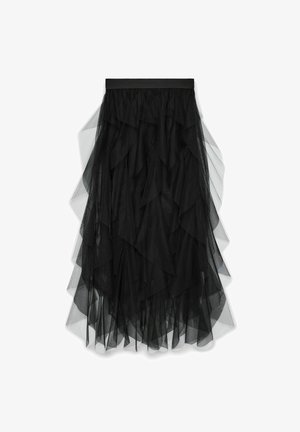 Μαύρη τούλινη φούστα με στρώματα ρυτίδων, διαθέτει φαρδύτερη ελαστική μέση και μεταβαλλόμενα μήκη για μια υφή.