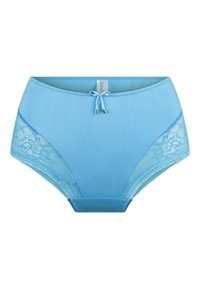 Lichtblauwe hooggesneden onderbroek van gladde stof met kanten accenten aan de zijkanten. Heeft een klein strikdetail aan de voorkant.