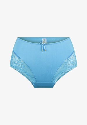 Lichtblauwe hooggesneden onderbroek van gladde stof met kanten accenten aan de zijkanten. Heeft een klein strikdetail aan de voorkant.
