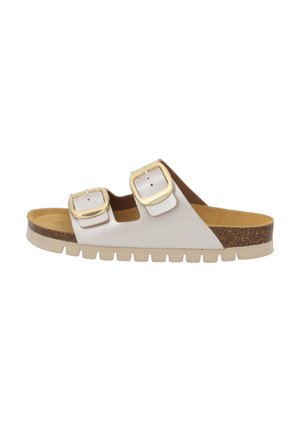 Open teen sandaal met twee verstelbare gouden gespen, beige bandjes, kurk voetbed en een licht beige textuurlijke zool.