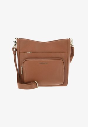 Sac bandoulière en cuir marron avec une surface texturée, doté d'une poche zippée à l'avant, d'accents dorés et d'une sangle réglable.