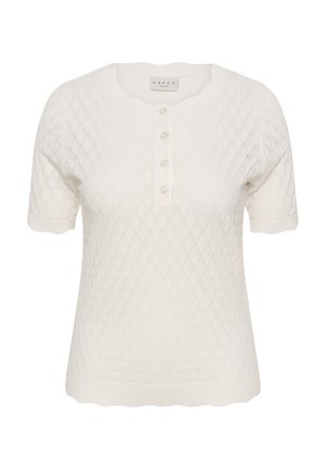 Haut en maille blanc à manches courtes avec motif en losanges, encolure ronde, patte de boutonnage à quatre boutons, poignets et ourlet côtelés.