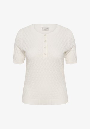 Biały krótki sweter z dzianiny z krótkim rękawem i wzorem diamentowym, okrągłym dekoltem, plisą na cztery guziki oraz ściągaczami na mankietach i dole.