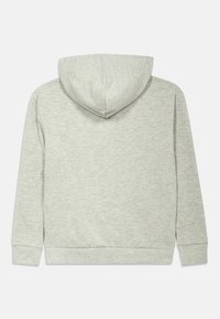 Hellgrauer Hoodie mit Kordelzugkapuze, ausgestattet mit gerippten Bündchen und Saum. Weicher, strukturierter Stoff mit glatter Oberfläche. Kein vorderes Design.