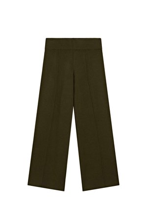 Olijfgroene broek met brede pijpen, een geribbelde tailleband en een middenvouw. Gemaakt van zachte, gestructureerde stof, ontworpen voor comfort.