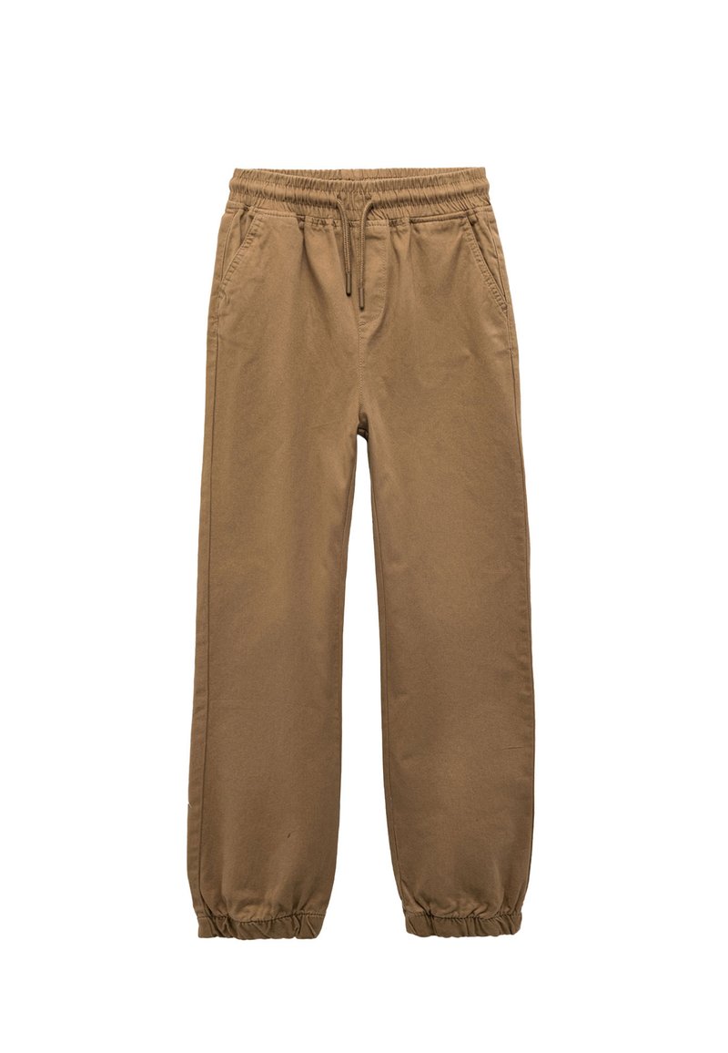 Khaki joggery wykonane z miękkiego materiału, z elastycznym paskiem w talii, regulowanym sznurkiem oraz elastycznymi mankietami przy kostkach.