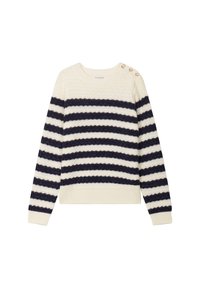 Maglione a righe crema e blu navy con motivo testurizzato, scollo rotondo e bottoni decorativi sulla spalla sinistra. Materiale leggero.