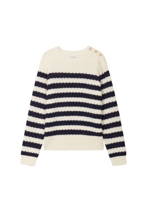 Crème en marine gestreepte gebreide trui met een gestructureerd patroon, ronde halslijn en decoratieve knopen op de linkerschouder. Lichtgewicht materiaal.