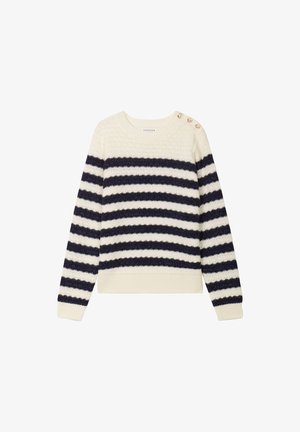Creme- und marineblau gestreifter Strickpullover mit strukturiertem Muster, Rundhalsausschnitt und dekorativen Knöpfen an der linken Schulter. Leichtes Material.