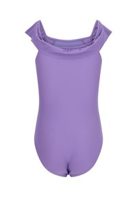 Lila Badeanzug mit Rüsche am Dekolleté, hergestellt aus glattem Material. Er hat ein tailliertes Design und einen tiefen Rückenausschnitt, geeignet zum Schwimmen.