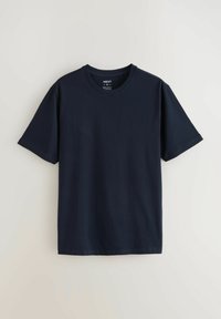 Mörkblå bomulls t-shirt med rund halsringning och korta ärmar. Slät textur, normal passform och minimalistisk design utan mönster eller utsmyckningar.