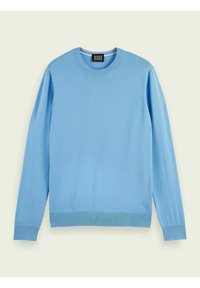 Hellblaues Sweatshirt aus weichem Material mit Rundhalsausschnitt, langen Ärmeln sowie Rippbündchen und -saum. Minimales Branding sichtbar.