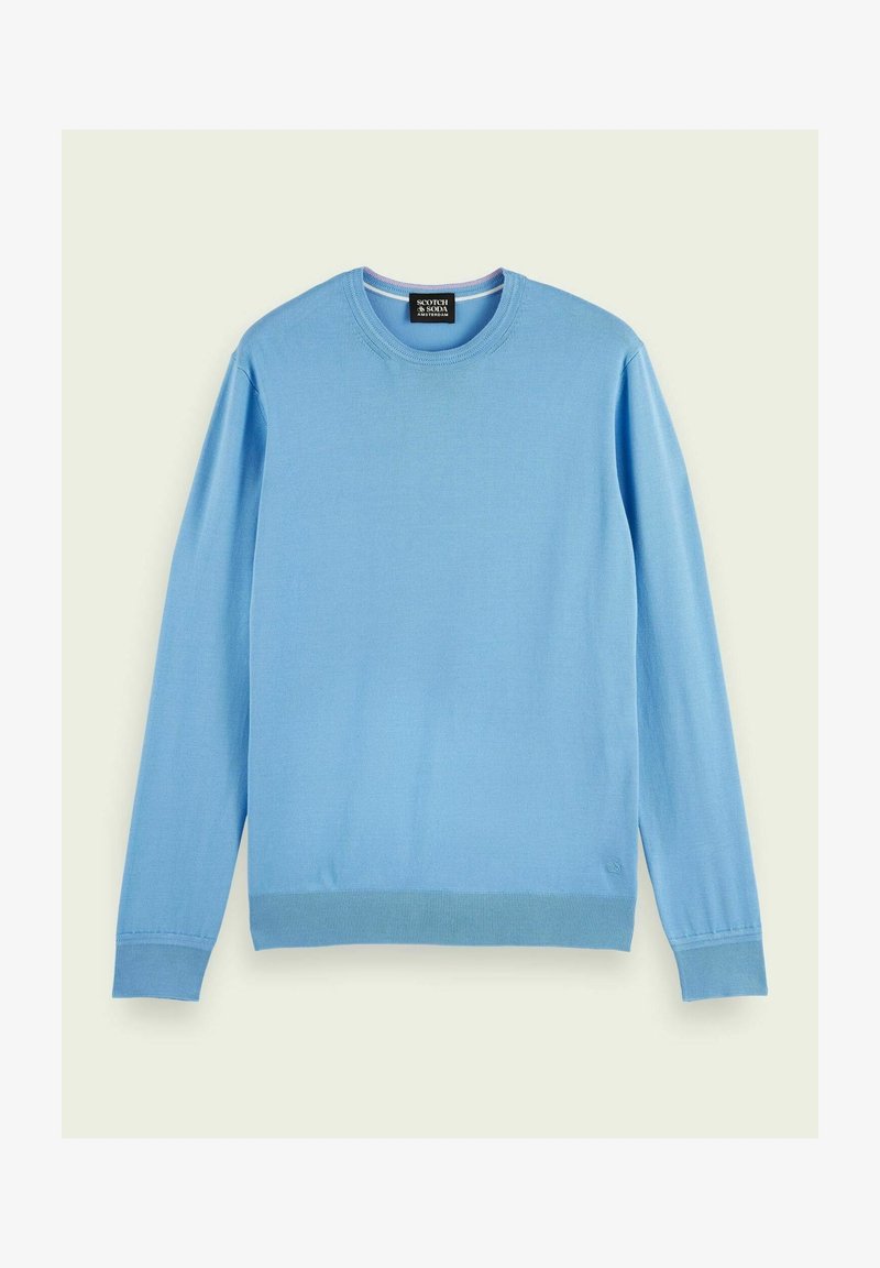 Hellblaues Sweatshirt aus weichem Material mit Rundhalsausschnitt, langen Ärmeln sowie Rippbündchen und -saum. Minimales Branding sichtbar.