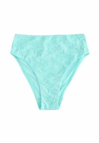 Tirkīza bikini apakšdaļa ar ziedu izšuvumiem, augstās jostasvietas dizains, gluda tekstūra un elastīga josta komfortam un atbalstam.