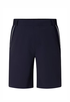 Marineblauwe heren sportshorts met elastische tailleband, voorzakken en witte zijstreepdetails.