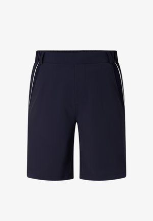Mørkeblå herre træningsshorts med elastisk taljebånd, forlommer og hvide sidestribedetaljer.