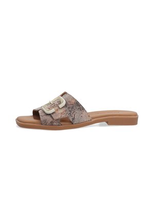 Flat slide sandals with a snake print design, brown tones, and a decorative metallic buckle on the upper strap. Rubber sole.
