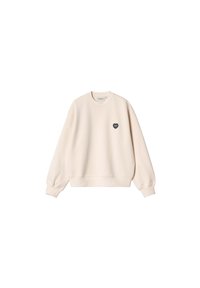 Crème-kleurige sweatshirt gemaakt van zachte stof, met een ronde halslijn en lange mouwen. Het heeft een klein zwart hartlogo op de borst.