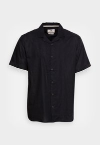 Schwarzes Kurzarmhemd aus strukturiertem Stoff, mit Kragen und durchgehender Knopfleiste mit braunen Knöpfen. Einfaches, klares Design.